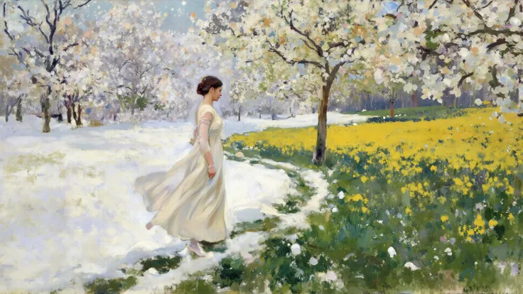 woman walking through seasons—winter to spring—blooming with every step