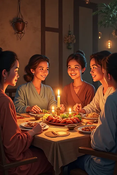 5. Hospitality of Hatam Tai

Scene: roast meat on the table, candles lit, guests eating

environments: Warm, Cheerful Atmosphere...