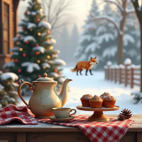 a snow-covered outdoor table set with a VINTAGE teapot MUG , muffins ON WOODEN STAND , pinecones, and a checkered blanket. FOX ...