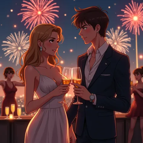 Anime-style illustration, Full HD. Elegant rooftop bar at night, fireworks bursting in red, gold, and white in the sky. Sophia (...