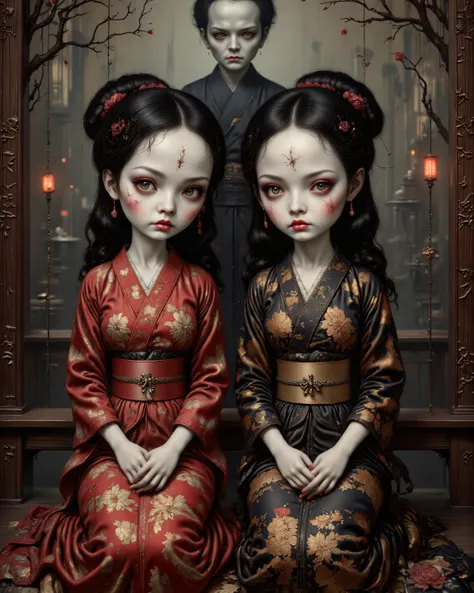 two traditional ichimatsu dolls sitting side by side, both wearing similar but not identical red-and-black kimono, one doll is s...