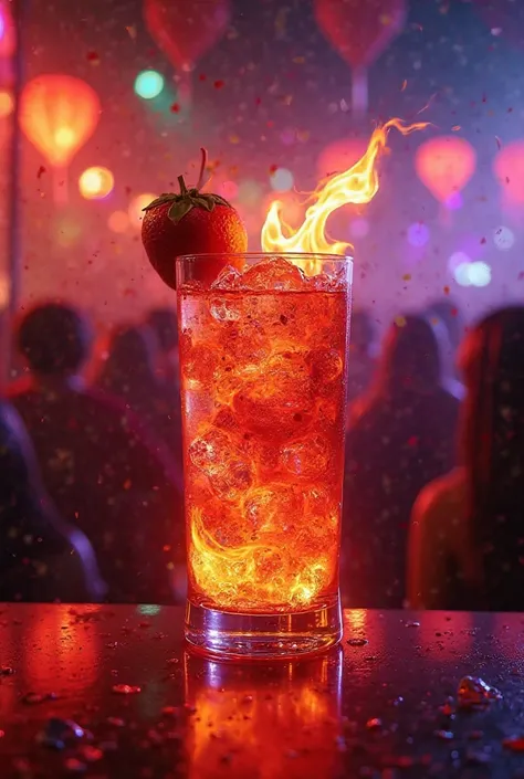 "A vibrant and bold party scene at night, featuring a cocktail glass filled with Smirnoff Spicy Tamarind, half surrounded by fir...