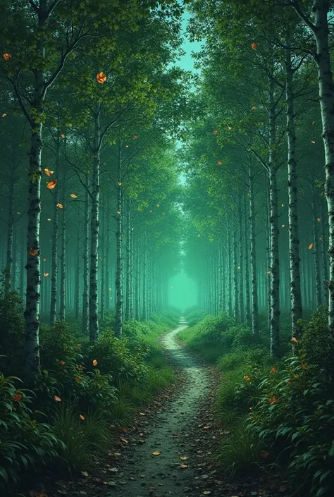 > A surreal and mysterious forest scene, with a winding dirt path leading into the woods. The forest is filled with tall, slende...