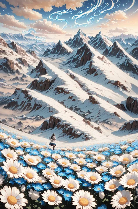 (masterpiece, лучшее качество:1.2), 1 girl, One, snowy mountains in the background, swirls in a field of wildflowers, the bright...