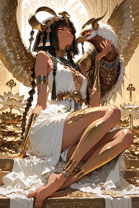 Photorealistic Egyptian goddess Isis, historically accurate, ultra detailed portrait, golden bronze skin tone matching ancient E...