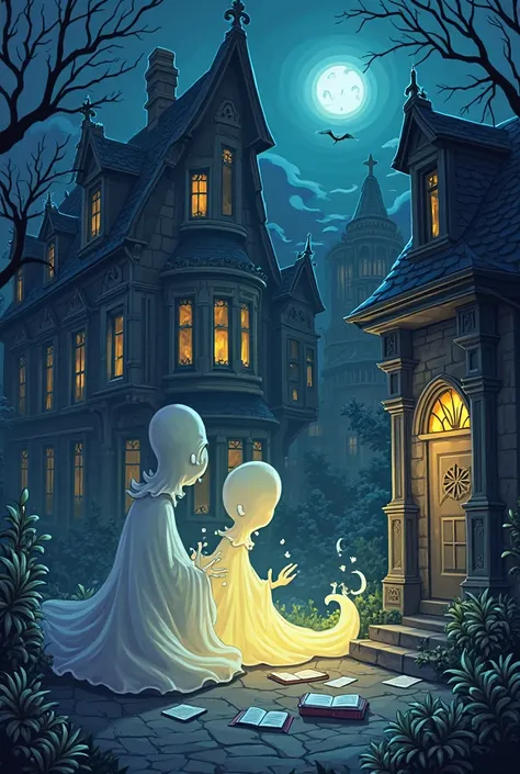 Creepy antics from the side of a night school in cartoon style 