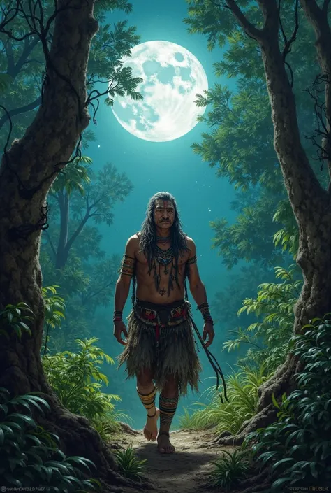 Image of an Indian cacique walking towards the forest under the full moon standard realism style 9 16 