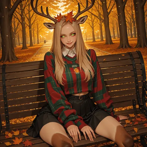 (masterpiece) (highly detailed face) solo female, her skin is deer fur, blonde hair, skinny waist, deer antlers on her head, lar...