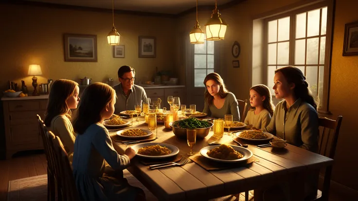 **Prompt 11:** "A family dinner in progress, everyone relaxed until one daughter goes still mid-meal as a childhood story is tol...