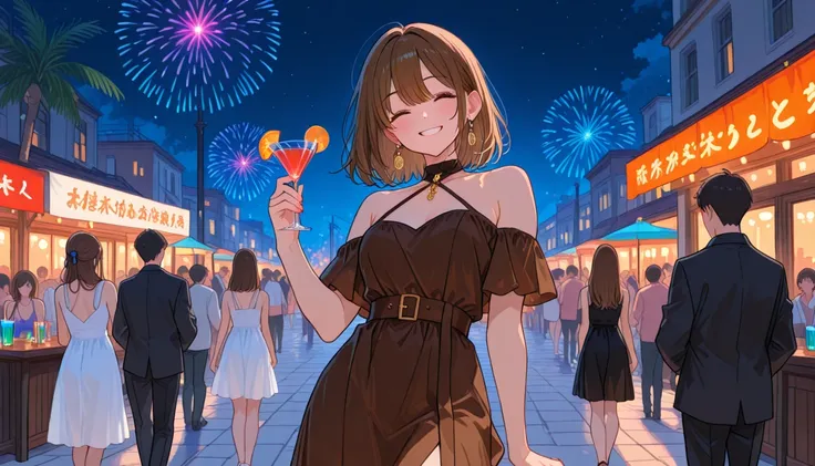 1women(long brown hair)、From the waist up、Smile Yan、dress、has cocktails、Outdoors、with lots of people in the background、Night vie...