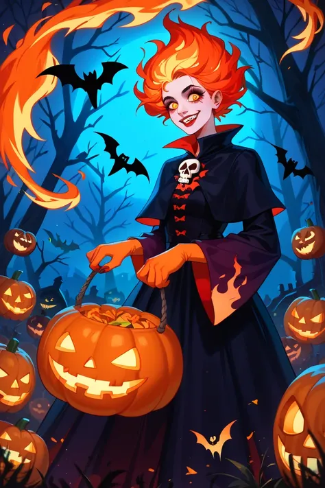 A fiery Halloween-themed illustration featuring a realistic human skull illuminated with glowing red-orange light. The skull is ...