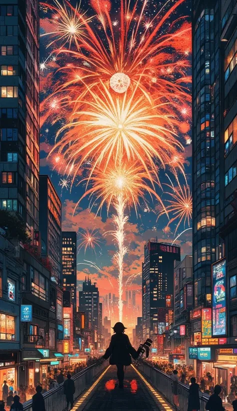 fireworks display。An urban skyscraper district in Japan