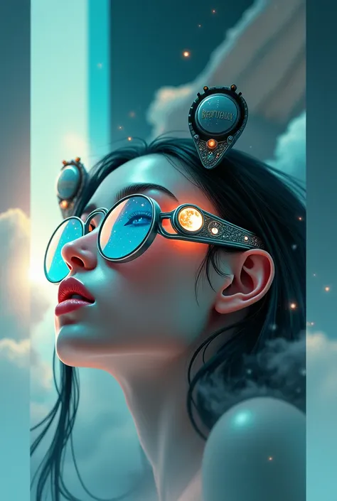 The model is wearing glass sunglasses with stars and the moon on the glass