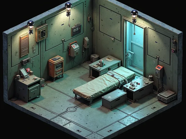 isometric view of a sci-fi relaxation room in the style of Dead Space, realistic 3D render, point and click adventure game envir...