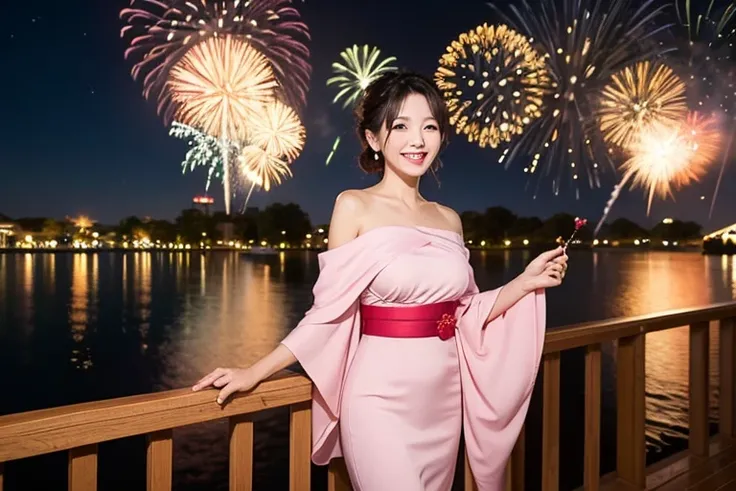 HIGH DEFINITION、Night fireworks display background、60 years old、Japanese Women、wearing an off-the-shoulder pink kimono-style dre...