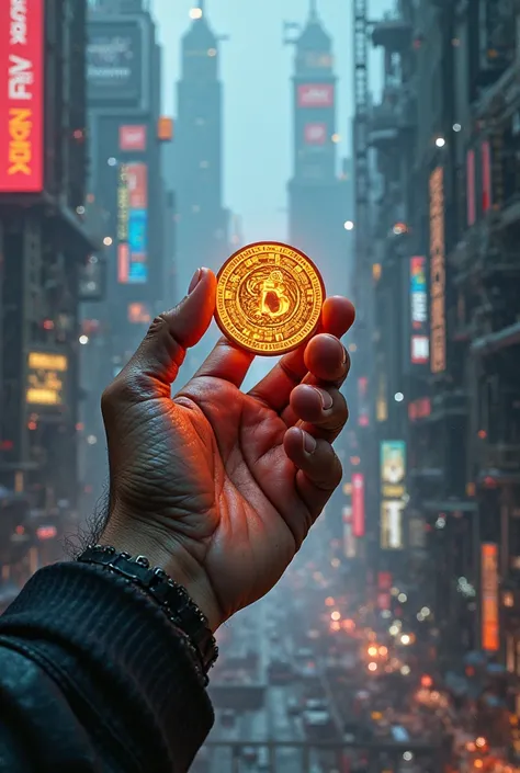 Make a cyberpunk picture with a man's hand holding a coin