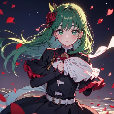 best quality, photography, ultra highres, Muichiro Tokito, close-up shot, wild mint hair, half-lidded eyes, deep green eyes, red...