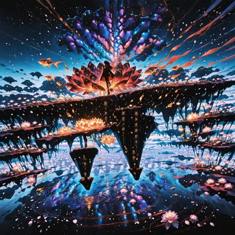 A surreal dream core world where massive volcanic magma flows upwards into the sky like glowing waterfalls, while floating cryst...