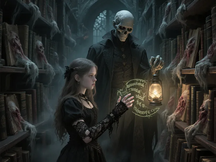 A haunting dark fantasy scene, hyper-detailed. The daughter (delicate but fierce, her fingertips tracing glowing necrotic script...