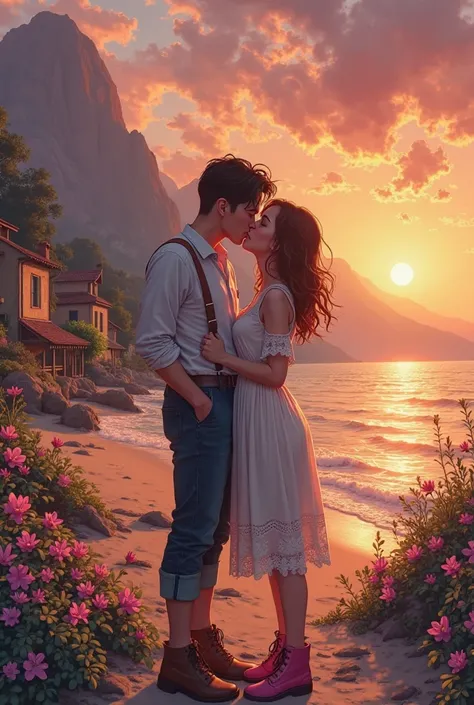 a girl with her boyfriend kissing at dusk, wearing old clothes on a beach, mountains in the background, flores florales colorida...