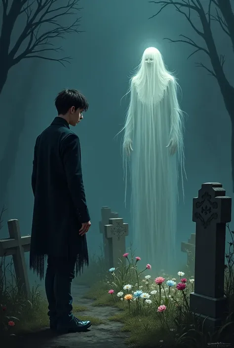 A young man stealing flowers off of a grave in cemetery, a spirit rises and enters flowers