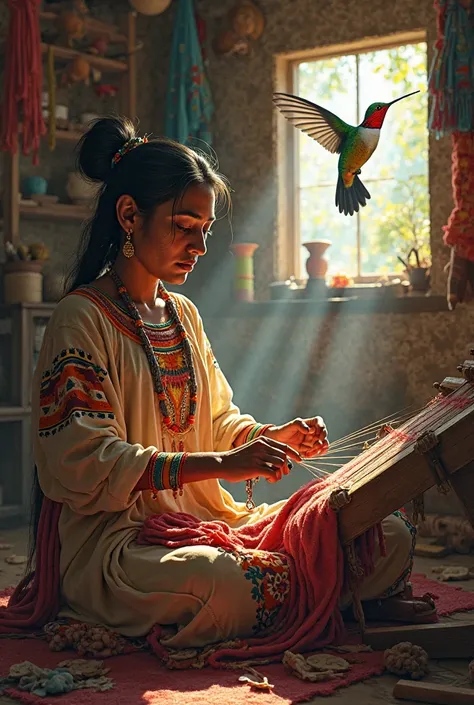A Mayan weaver with a hummingbird