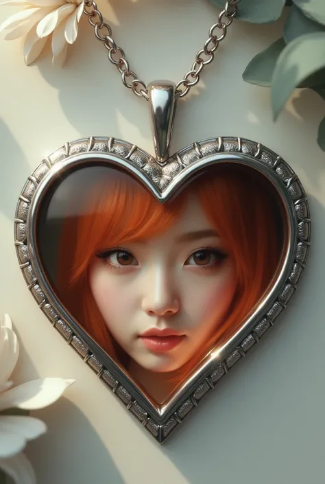 Make an image of a silver heart locket with two photos of the singer Huh Yun-Jin from the group Le Sserafim with her orange hair...