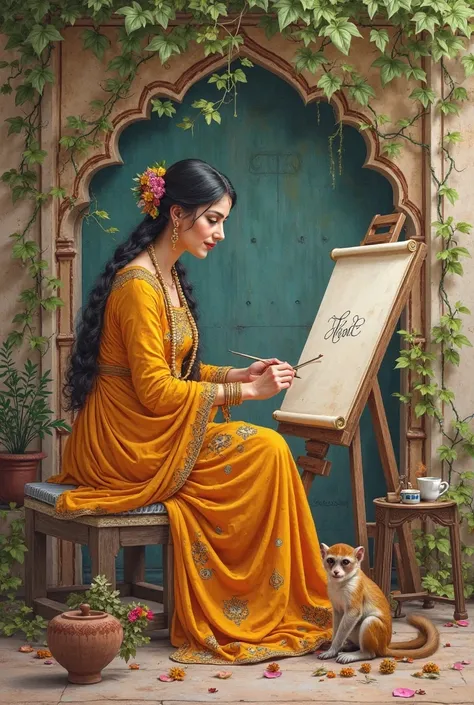 regal lady painting in her Mughal garden, surrounded by scrolls, ink, and brushes, a monkey and a squirrel nearby, vines creepin...