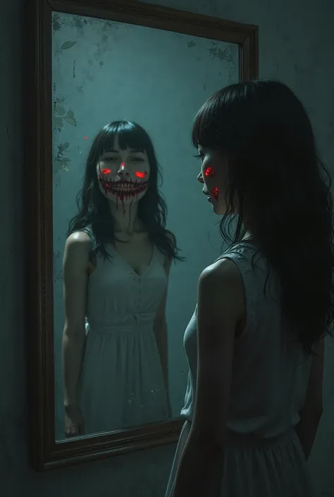 A girl standing quietly in front of a mirror, her reflection looks sinister, red glowing eyes in the reflection, creepy grin on ...