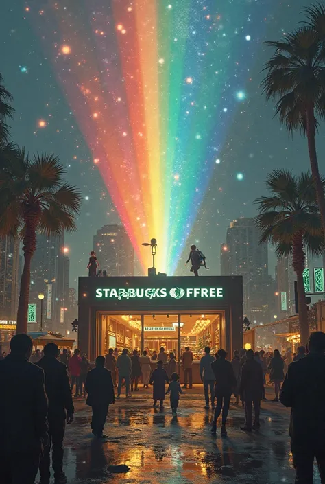 a large battery in a Starbucks, out of the glass a nice rainbow ray comes out and there are people crawling to get to the Starbu...