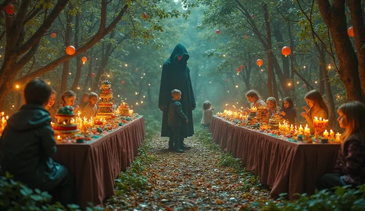 Create a thumbnail A magical clearing in a dark forest, where a surreal party takes place. Long tables filled with colorful cand...