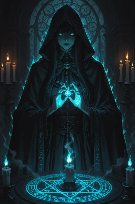 high quality, 4K, A witch summoning a demon from a glowing magic circle, dark ritual scene, dramatic lighting, glowing symbols,...