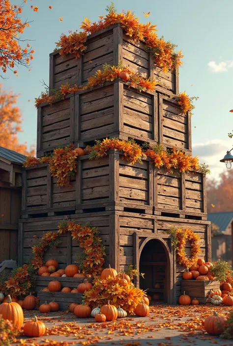Wooden crates stacked in a tower formation filled with various pumpkins, gourds, and autumn decorations