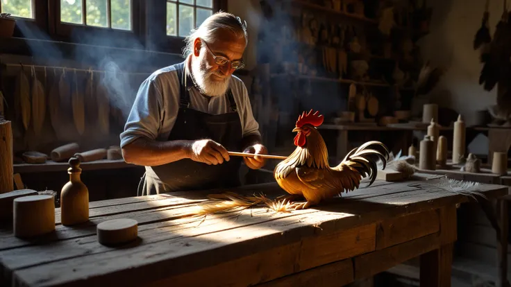**Prompt 8:** "A local artisan carving a small wooden idol of St. Vitus, rooster feathers nearby as a strange tribute, early mor...