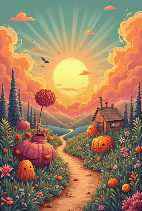 Song cover with drawings that have no limits texture, draw with a nostalgic sunset atmosphere, but we are still happy. 