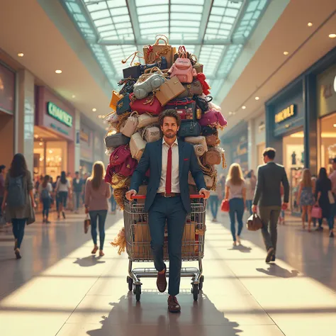 create an image for a person with a receipt showing someone spent all their salary at a mall. He is in a shopping mall carrying ...