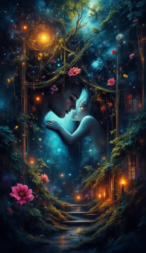 Um hipermaximalista, ultra realista, punk-inspired digital illustration of a man and a woman embracing, set in a mystical fores...