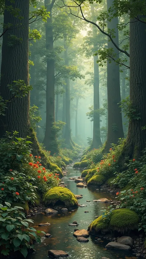 Enchanted forest where musical compositions have crystallized into tangible natural formations, symphony tree groves where diffe...