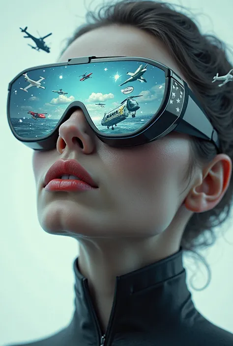 The model is wearing glass sunglasses with stars and the mooMake a logo on sheild from which sceena plane bell 206 helicopter an...