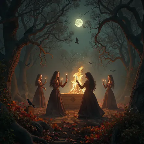 Dark historical fantasy scene: Moonlit colonial New England forest clearing, massive bonfire reaching toward twisted ancient tre...