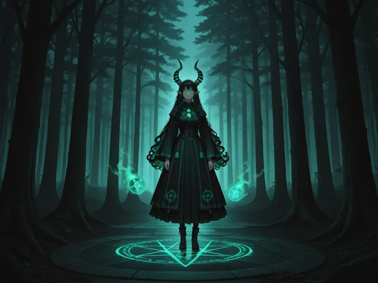 Girl with curly black hair with green eyes who is dressed as a witch in colors of black and green in a dark forest with a book o...