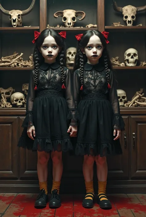 > Two gothic twin girls wearing semi-transparent black lace dresses. Part of their hair is braided together. The girl on the rig...