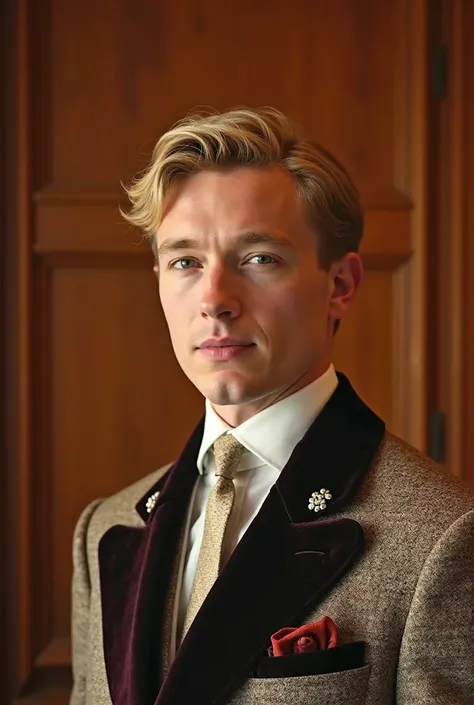 Realistic photo of a young man with blond hair, looking at the camera with a slight confident smile. Стиль Old Money: expensive ...