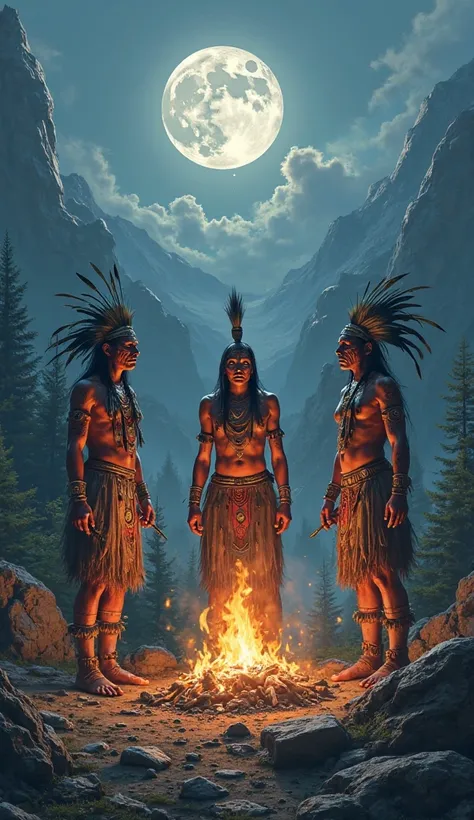 three indigenous warriors gathered around a bonfire under the full moon , ready for the ritual.
