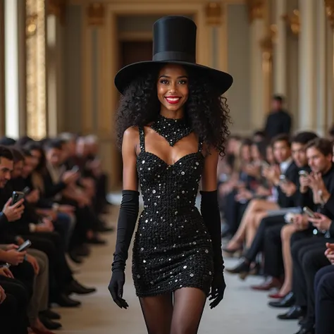 Image is a high-fashion runway photograph featuring A Beautiful lady,light, Big smile, wavy black hair,perfect amazing, blue eye...