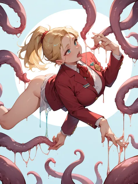 blonde ponytail big boobs blazer uniform Both hands and feet are tied to tentacles and pulled from side to side tentacles and se...