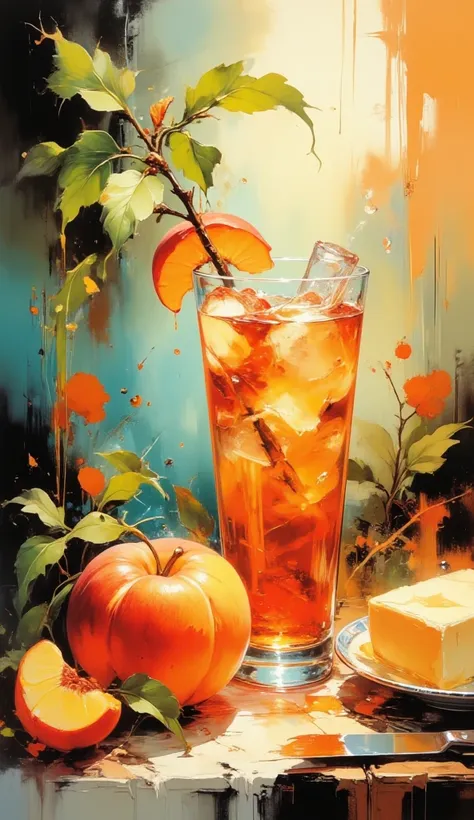 peach sprig with leaves, peach juice glass with ice cubes, still life
butter, palette knife , in the style of L. Afremov+d. Kus...