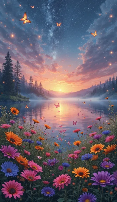 A fantasy flower field blooming on the lakeside at dusk、Morning glory、rudbeckia、Cockscomb、Rose of Sharon、Zephyranthes color、Ther...