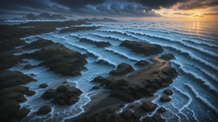 aerial view of the seashore with beautiful seaweed growing at the water's edge. fantasy style . dawn lighting. Light illuminates...