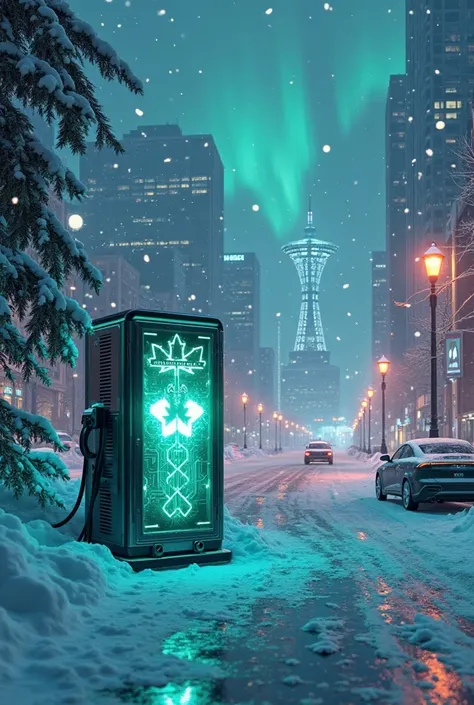 > A snow-covered cyberpunk city in futuristic Canada, glowing with soft neon lights reflecting off icy streets. In the center, ...